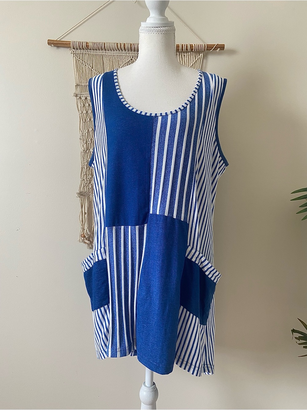 Parsley & Sage Patchwork Lagenlook Nautical Pocket Tunic Tank Top Blue Size L